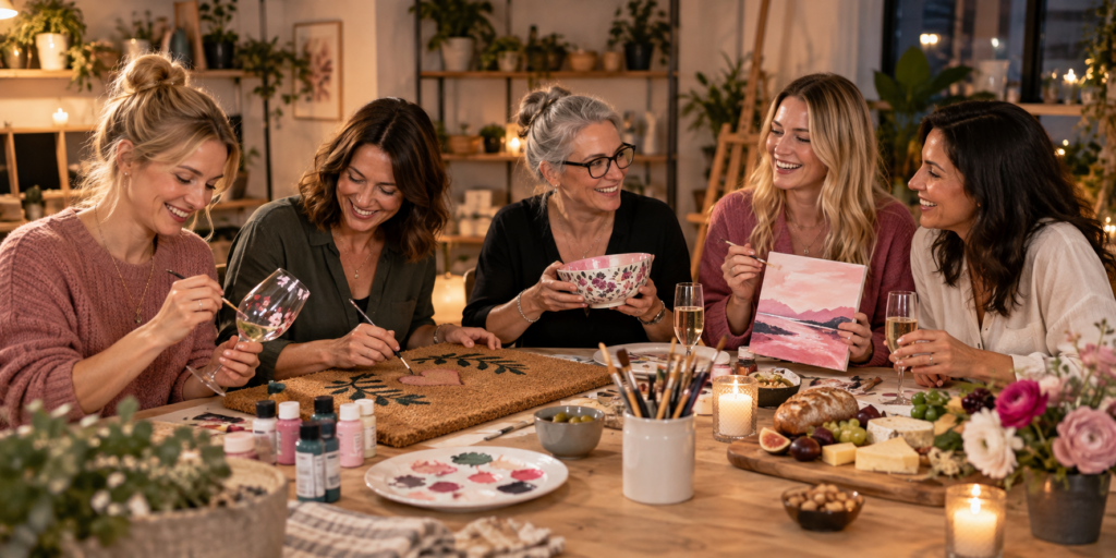Frauen bei einem Kreativabend mit Prosecco und DIY-Projekten in Oberhausen